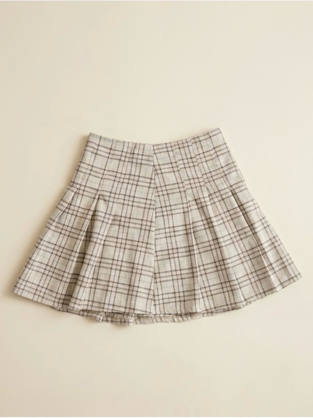 Plaid A-Line Mini Skirt in Light Beige